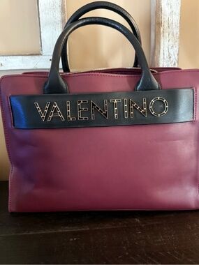 Valentino Burgundy Satchel with Black Logo Panel